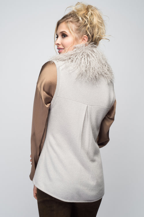 Cashmere Vest with Tibetan Sheep Collar in Dove Gray