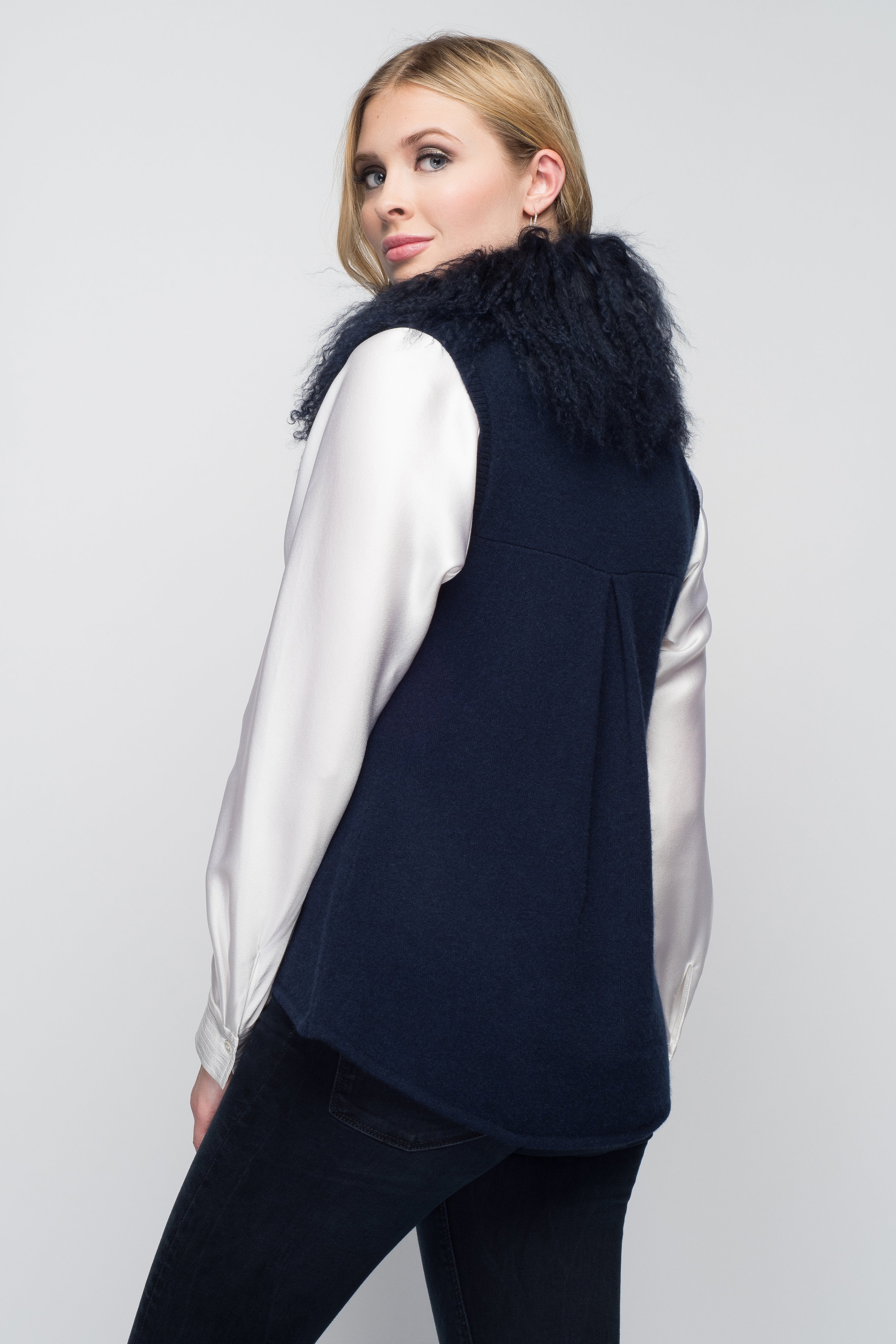 Cashmere Vest with Tibetan Sheep Collar in Midnight Blue