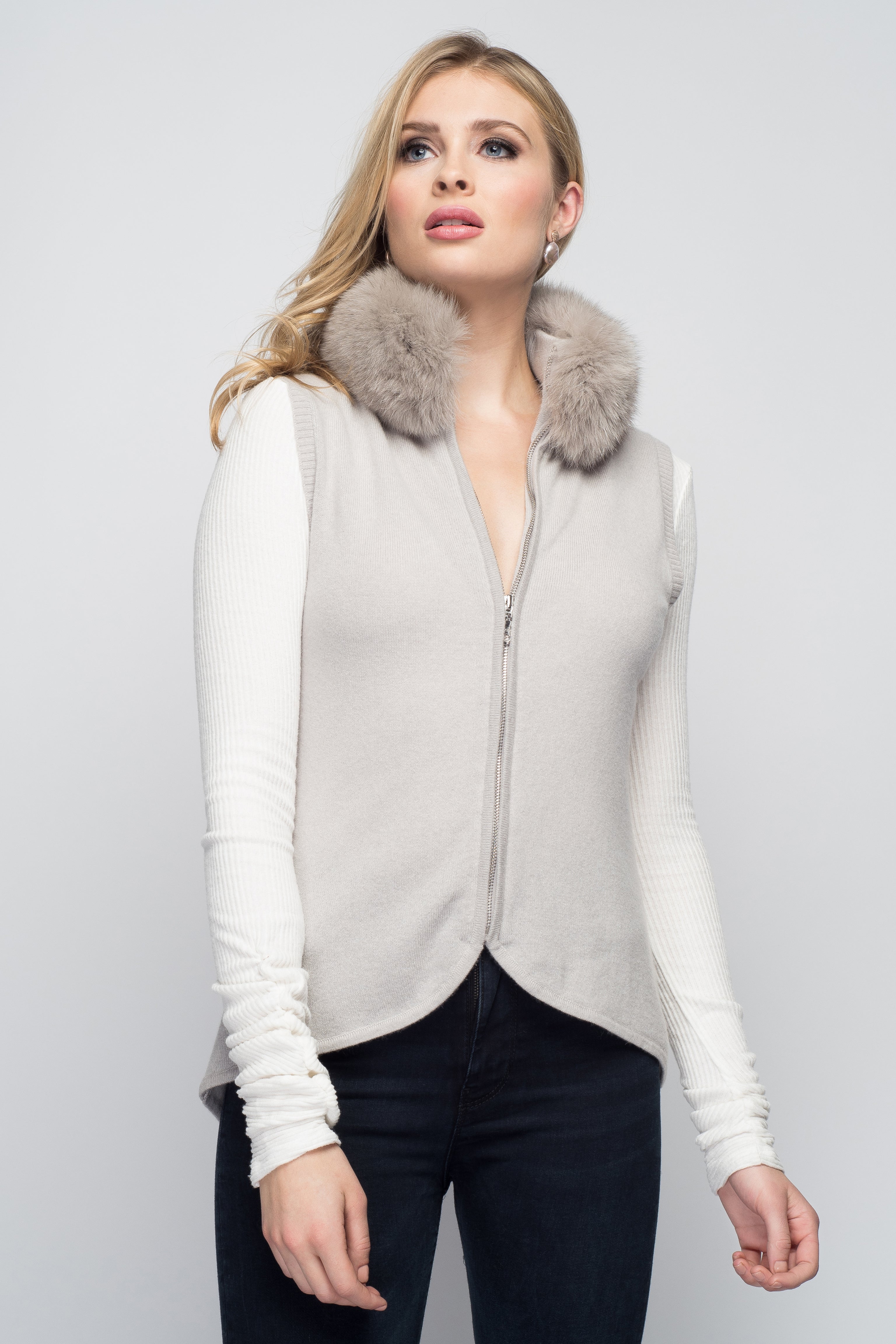 Cashmere Vest with Fox Fur Collar in Dove Gray