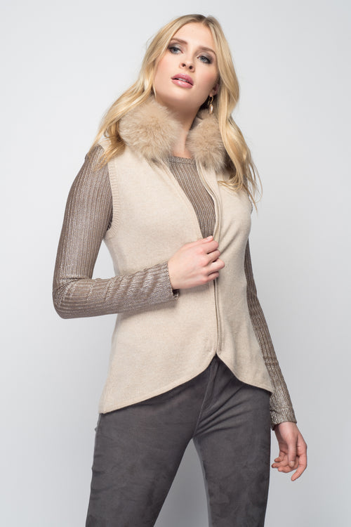 Cashmere Vest with Fox Fur Collar in Oatmeal