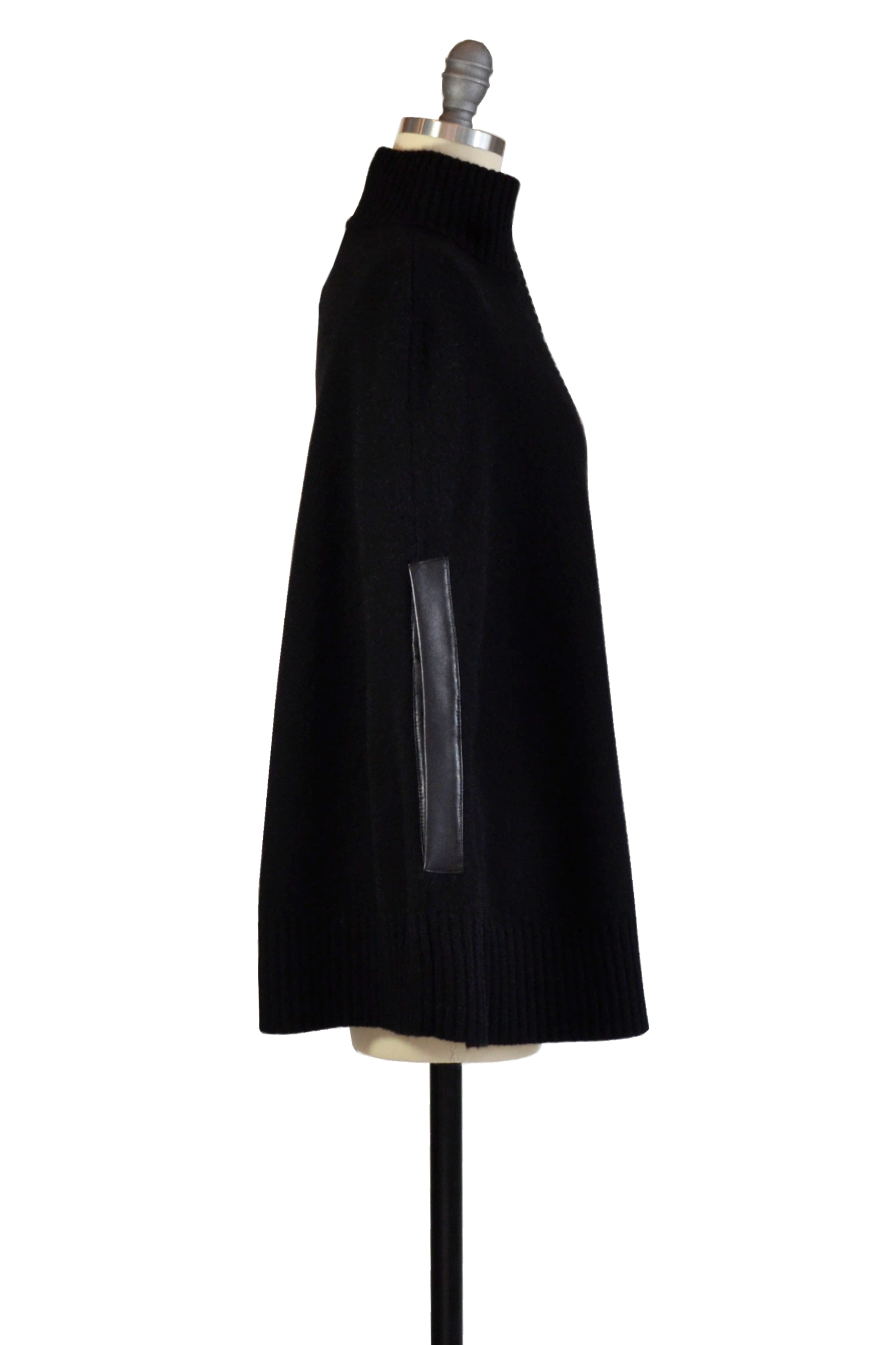 Cashmere Swing Poncho with Leather Trim in Black