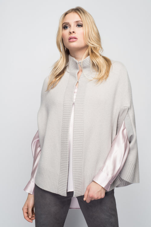 Cashmere Swing Poncho with Leather Trim in Dove Gray