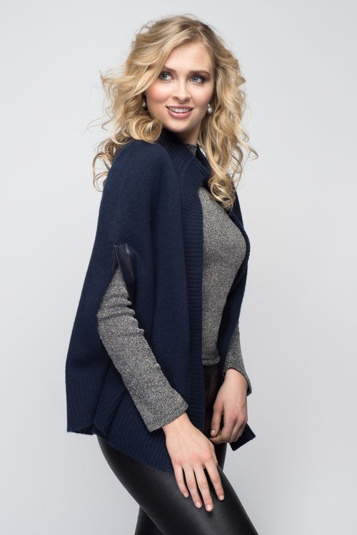 Cashmere Swing Poncho with Leather Trim in Midnight Blue