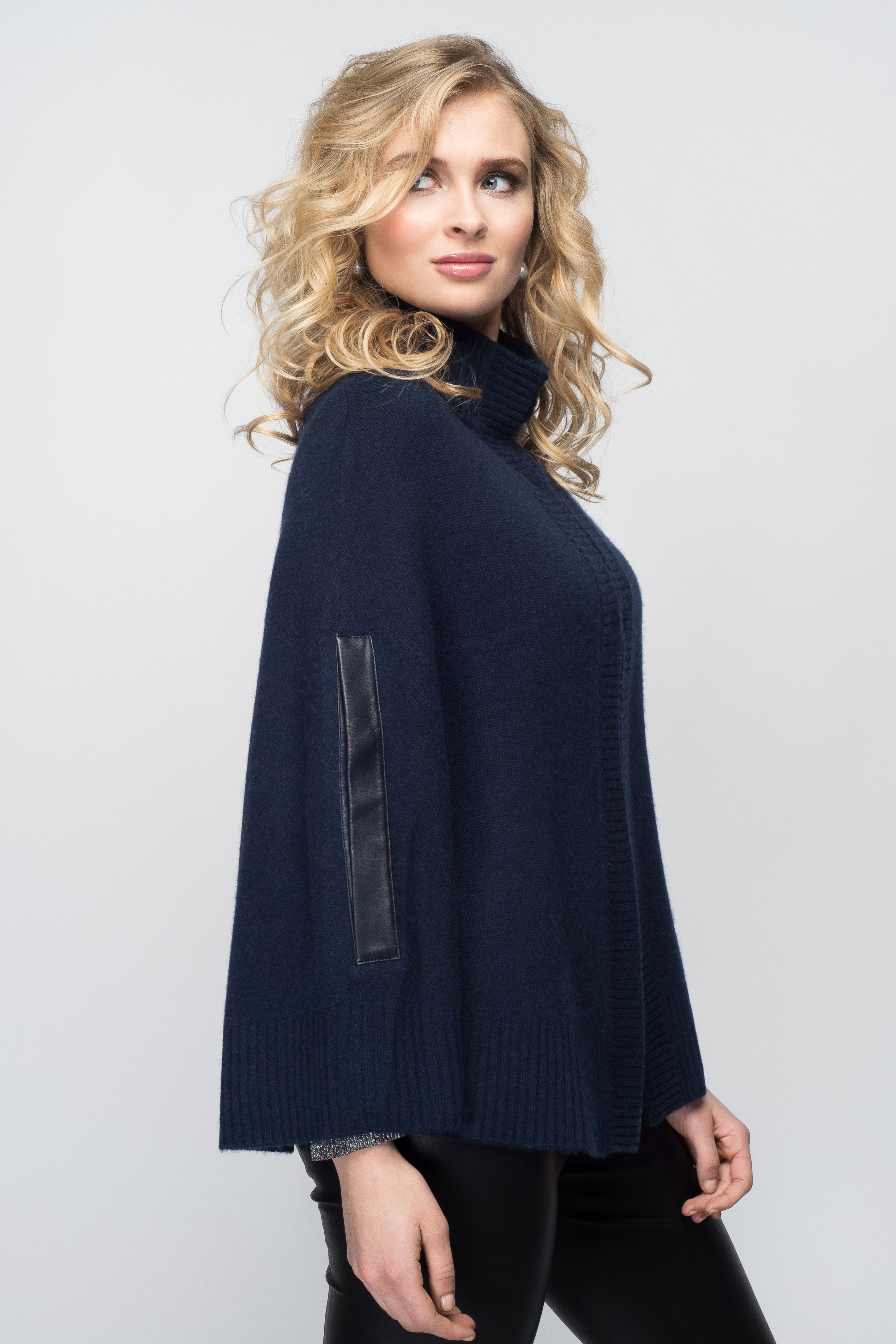Cashmere Swing Poncho with Leather Trim in Midnight Blue
