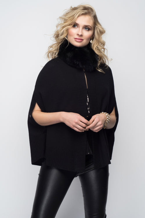 Cashmere Swing Cape Cadigan with Fox Collar in Black