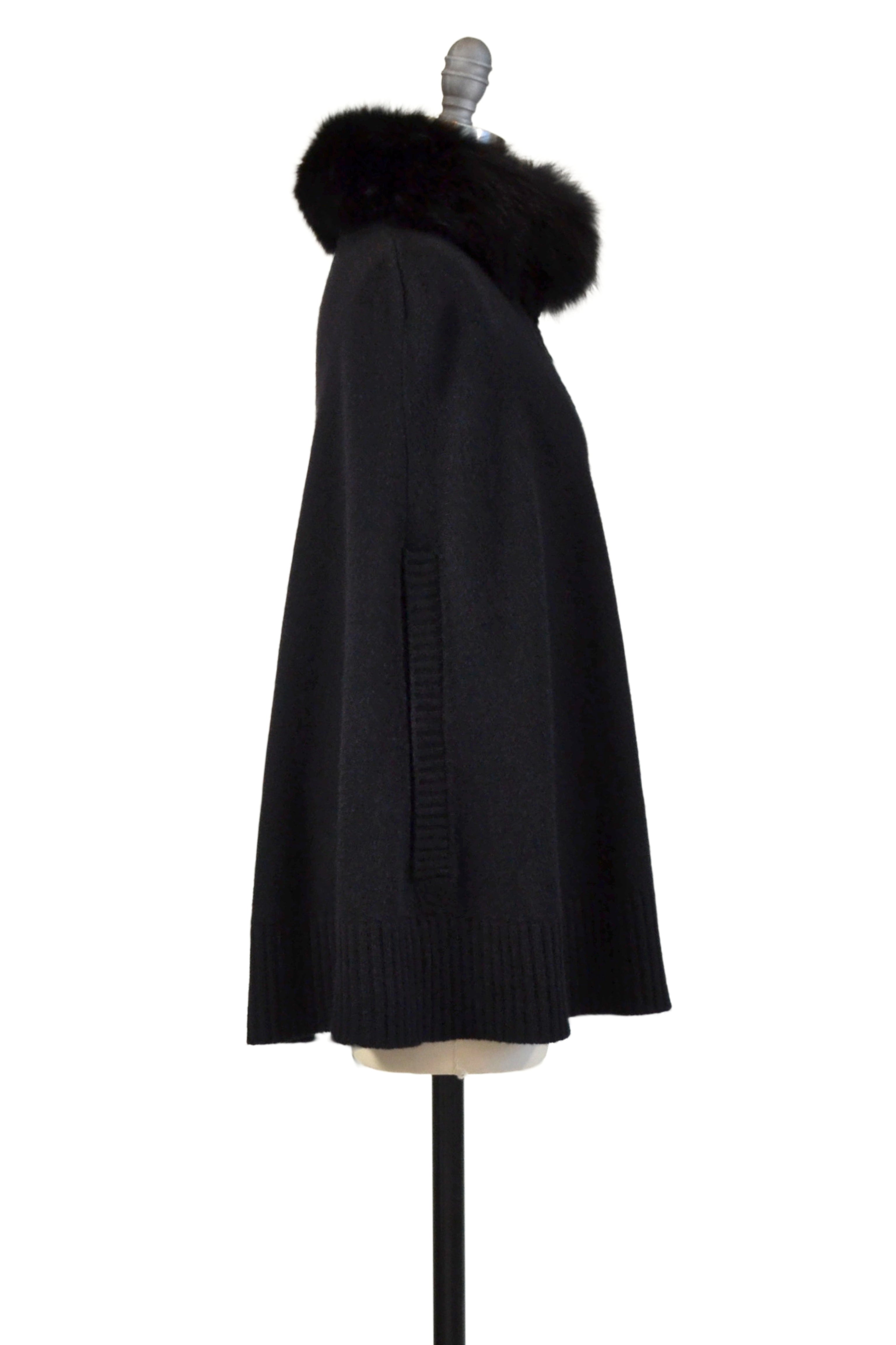 Cashmere Swing Cape Cadigan with Fox Collar in Black