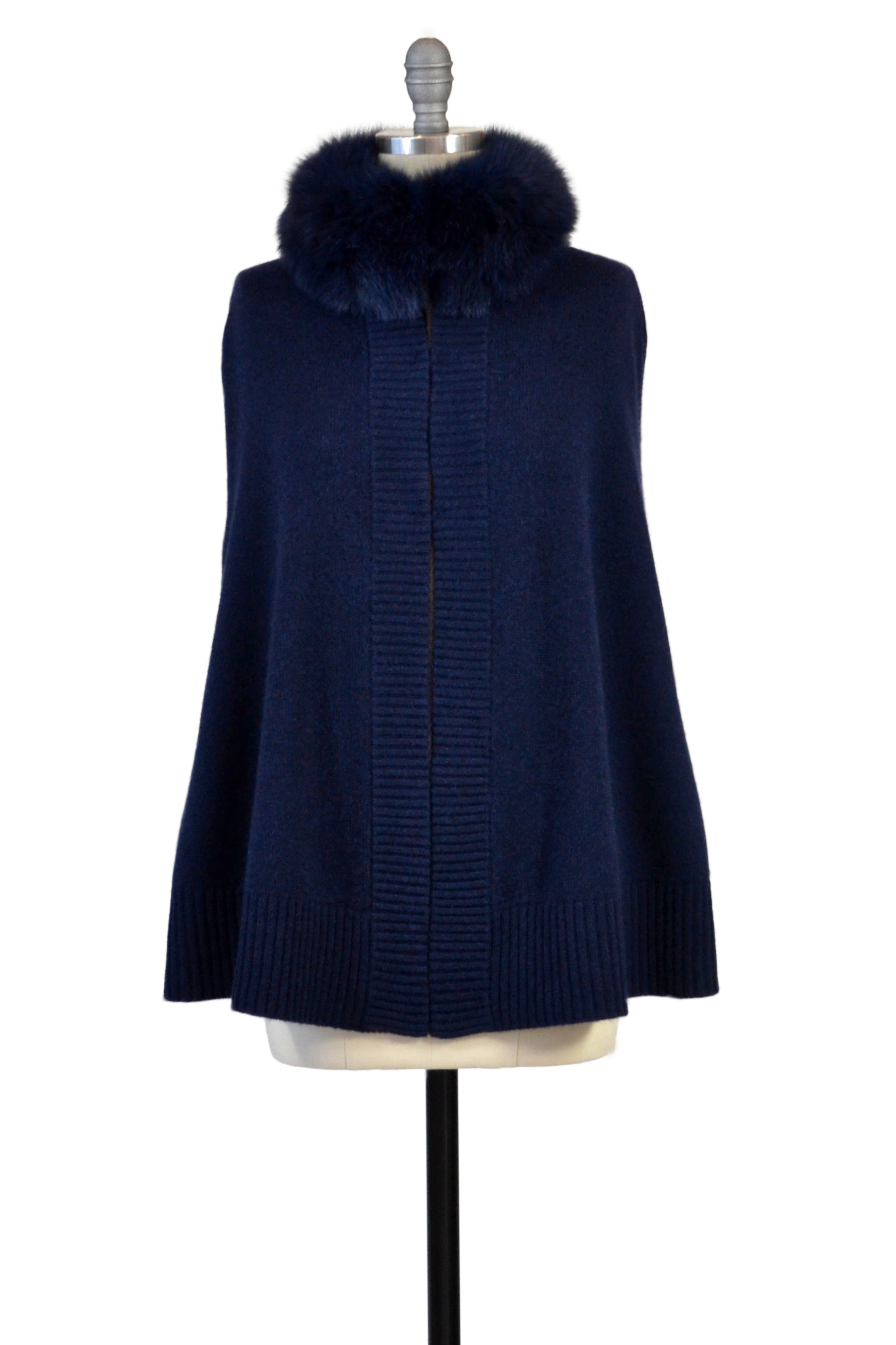 Cashmere Swing Cape Cardigan with Fox Collar in Midnight Blue