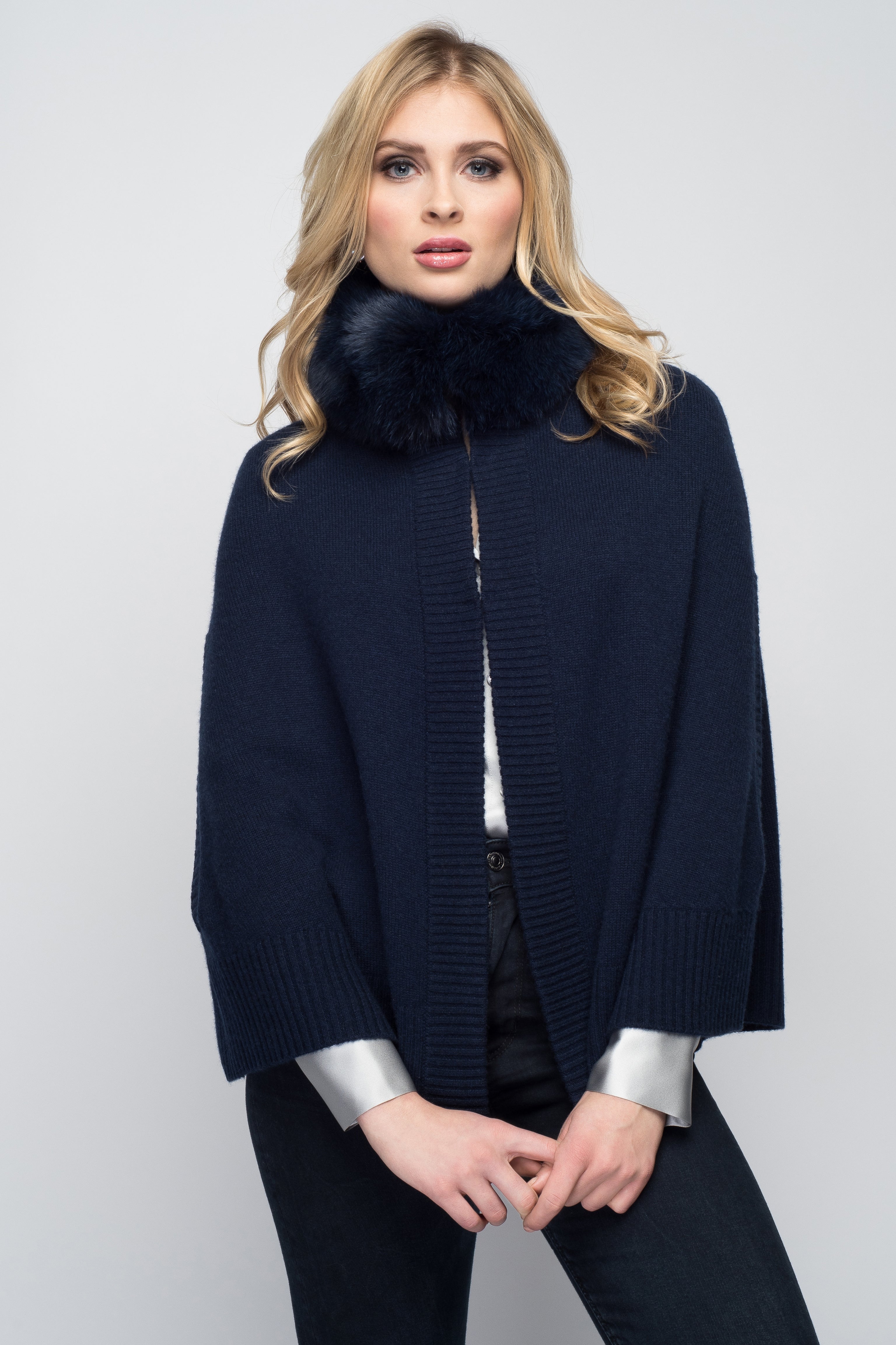 Cashmere Swing Cape Cardigan with Fox Collar in Midnight Blue