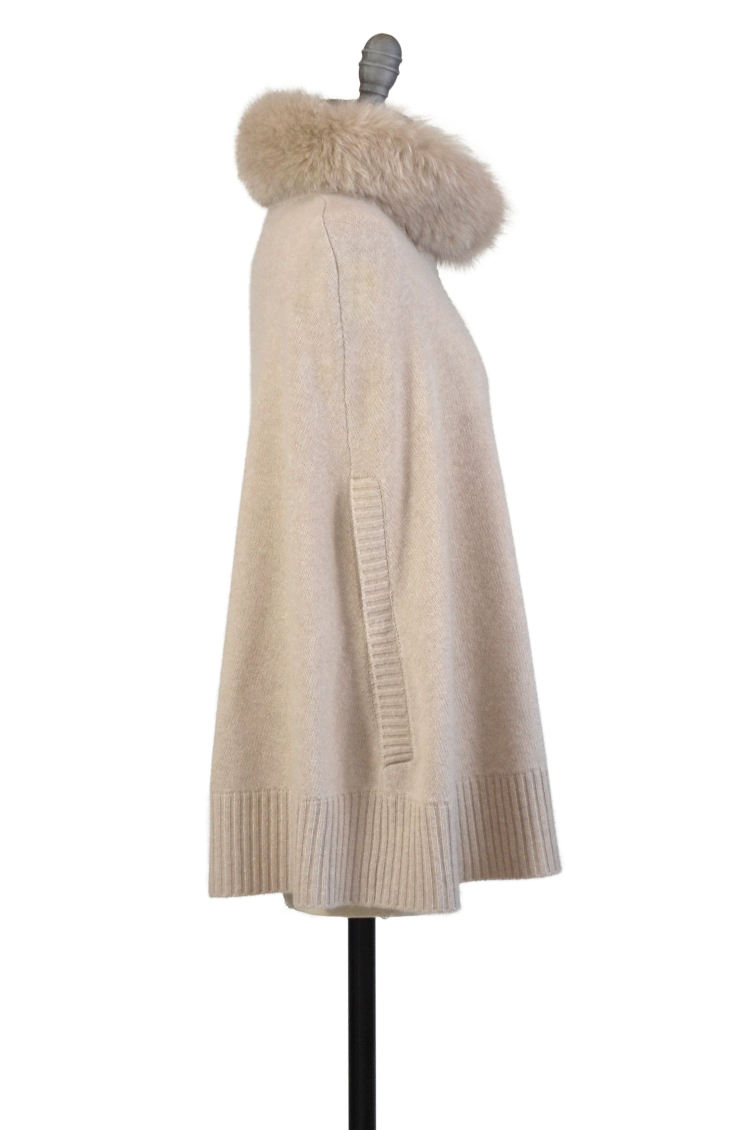 Cashmere Swing Cape Cardigan with Fox Collar in Oatmeal