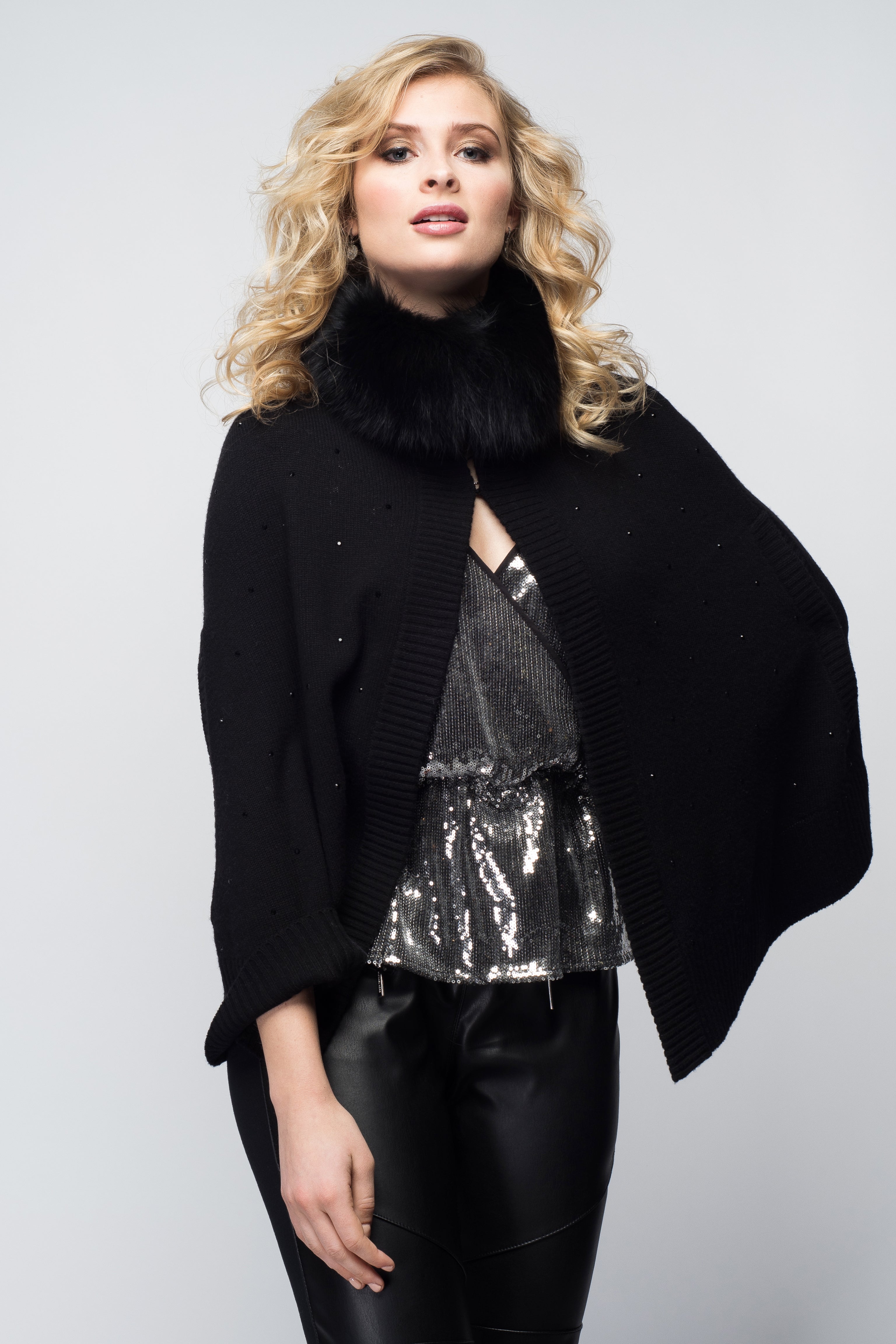 Cashmere Swing Poncho with Fox & Crystals in Black