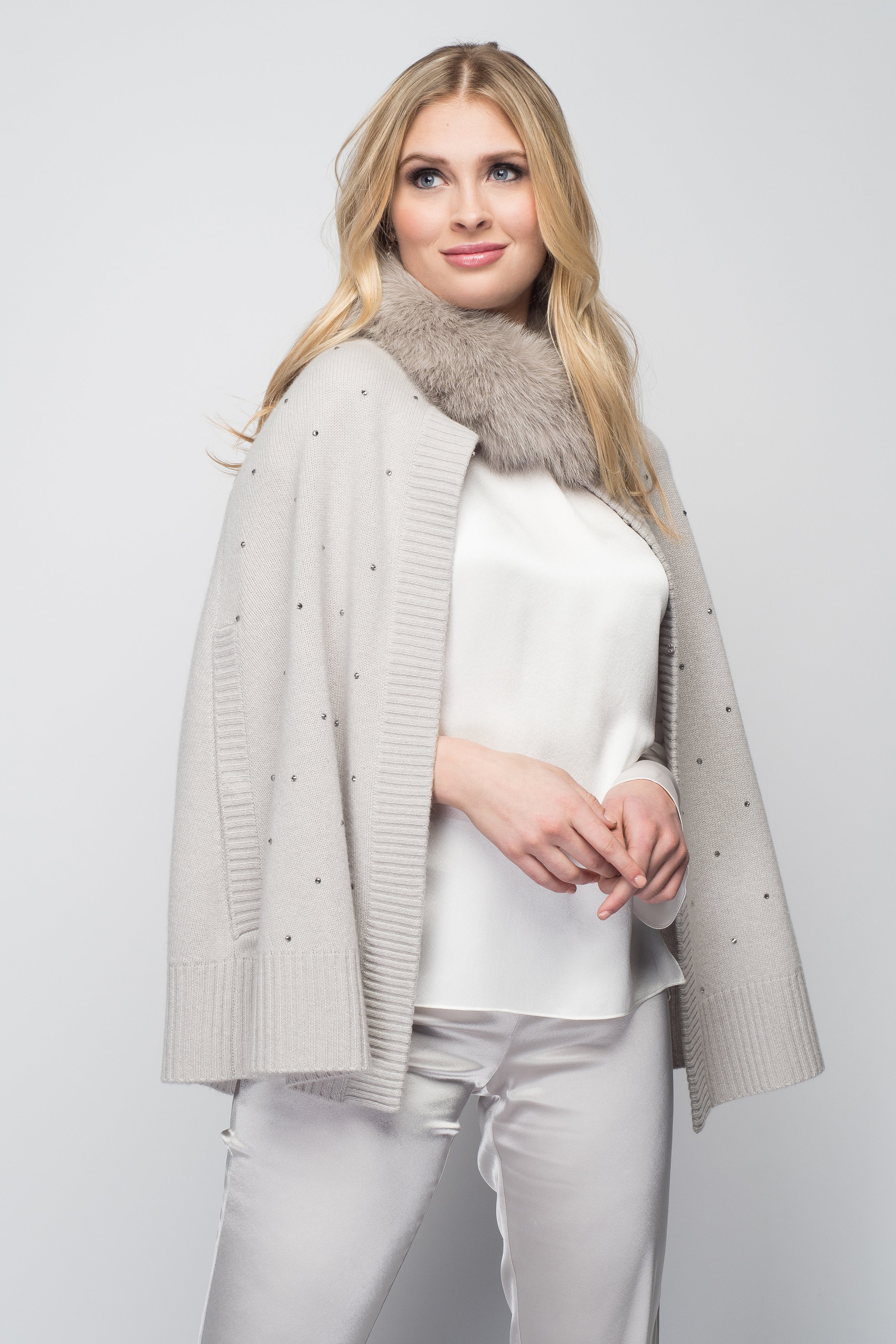 Cashmere Swing Poncho with Fox & Crystals in Dove Gray
