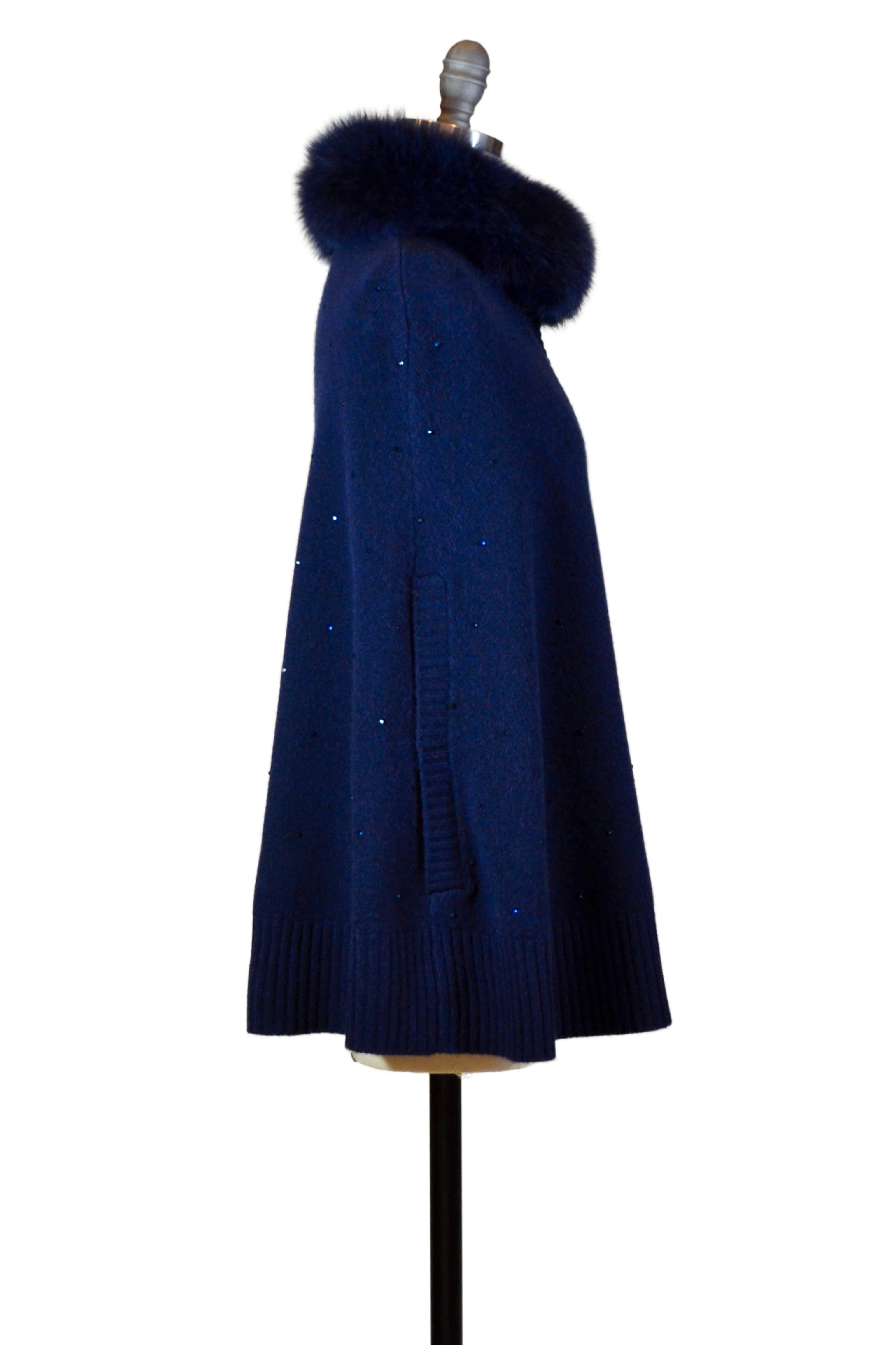 Cashmere Swing Poncho with Fox & Crystals in Midnight Blue