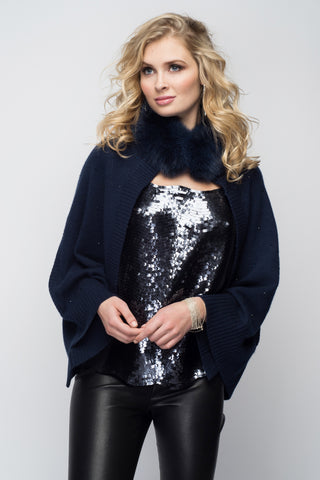 Cashmere Poncho with Fox Fur Trim on Cuff in Blush