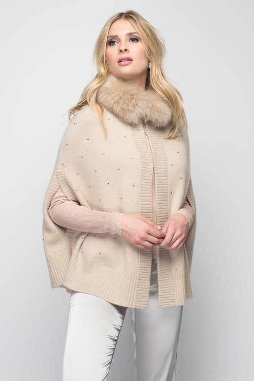 Cashmere Swing Poncho with Fox & Crystals in Oatmeal