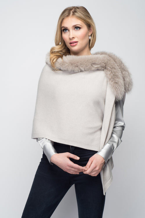 Cashmere Stole with Front Fox Fur Trim in Dove Gray