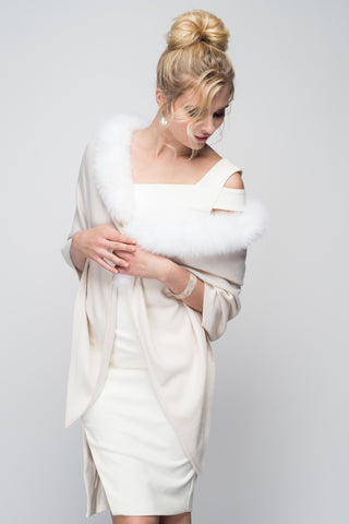 Cashmere Stole with Full Fox Fur & Crystals in Ivory