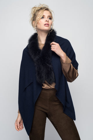 Cashmere Stole with Full Fox Fur Trim in Midnight Blue