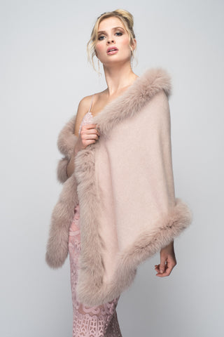 Cashmere Stole with Full Fox Fur Trim in Shell