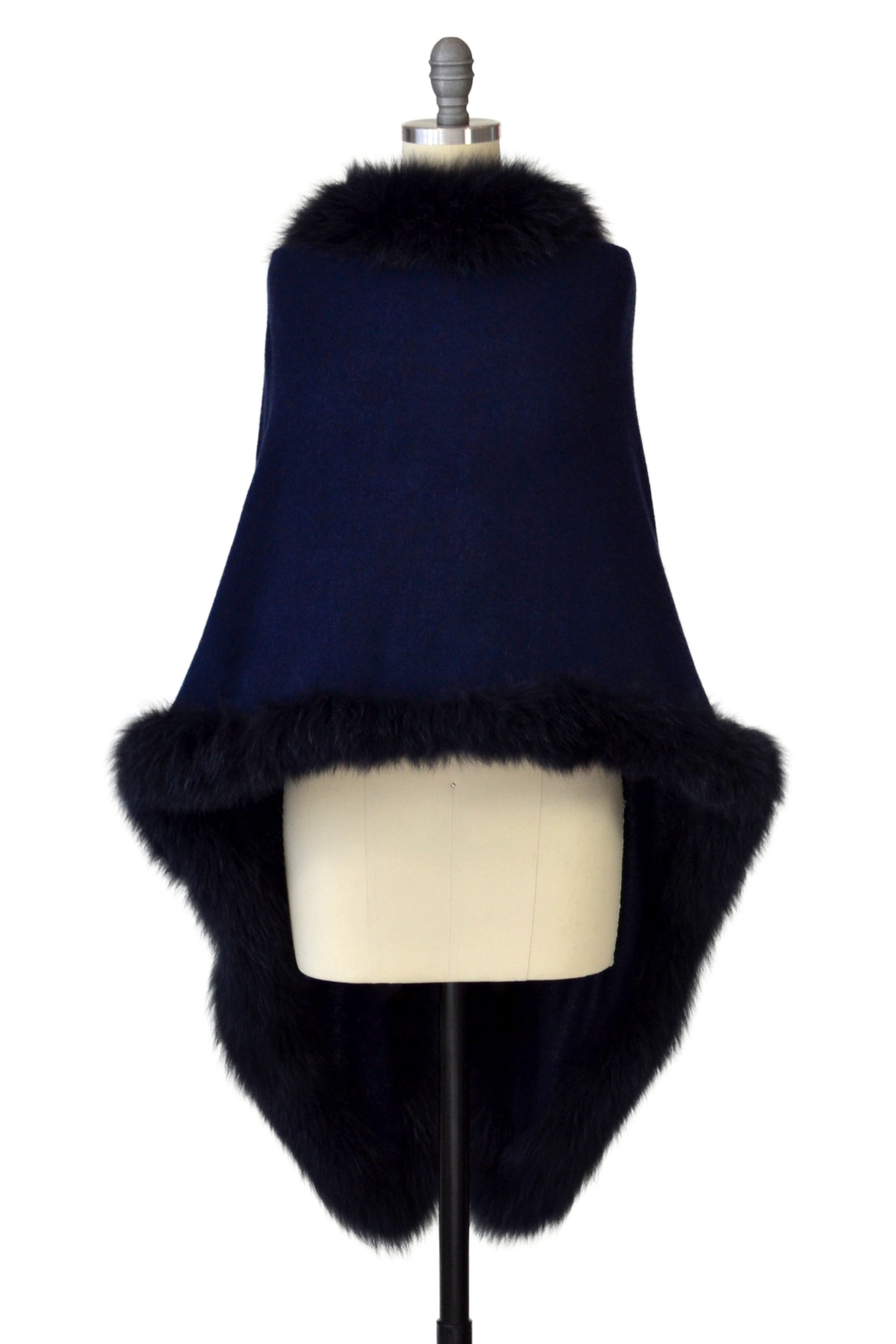 Cashmere Stole with Full Fox Fur Trim in Midnight Blue