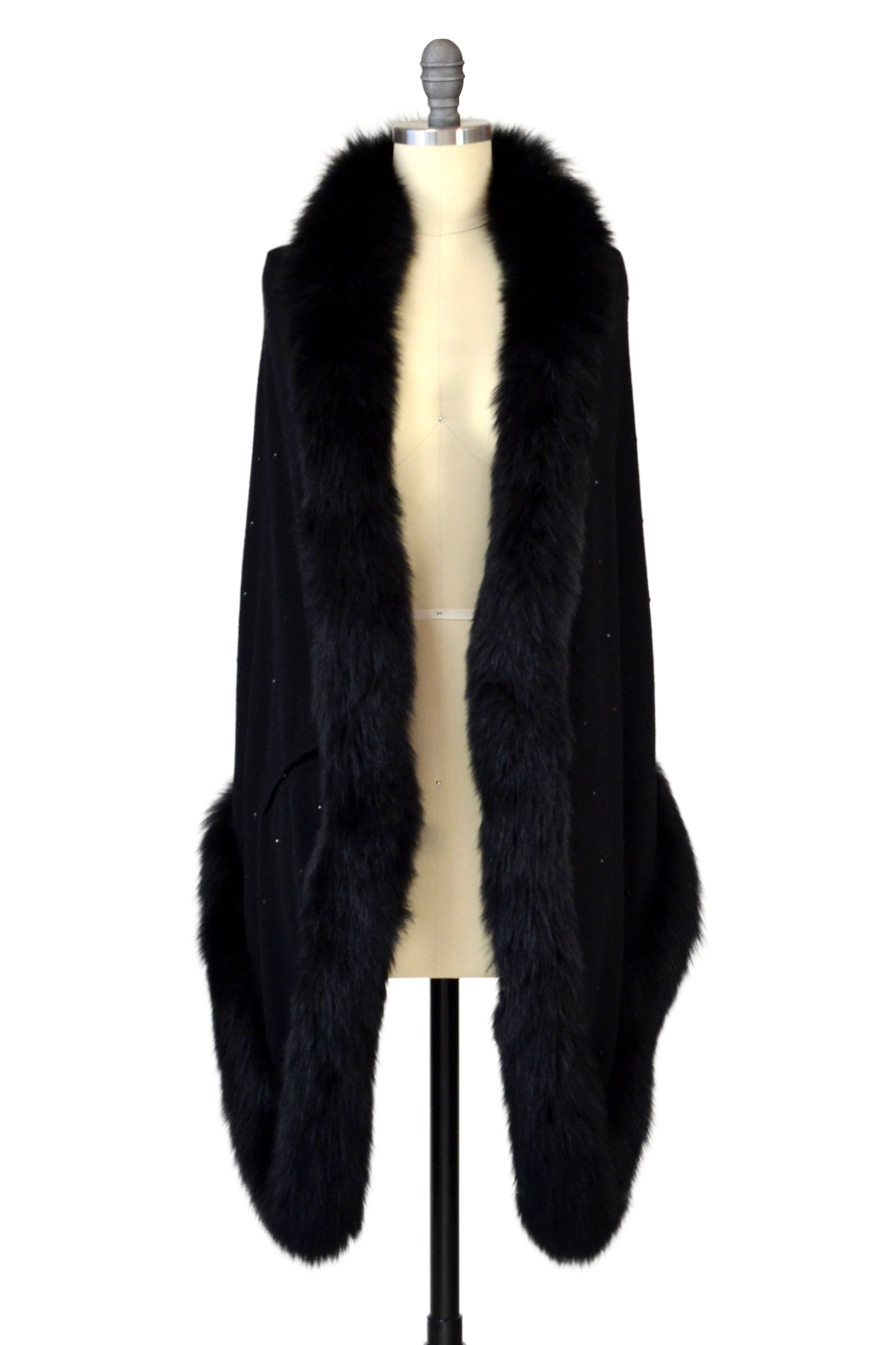 Cashmere Stole with Full Fox Fur & Crystals in Black
