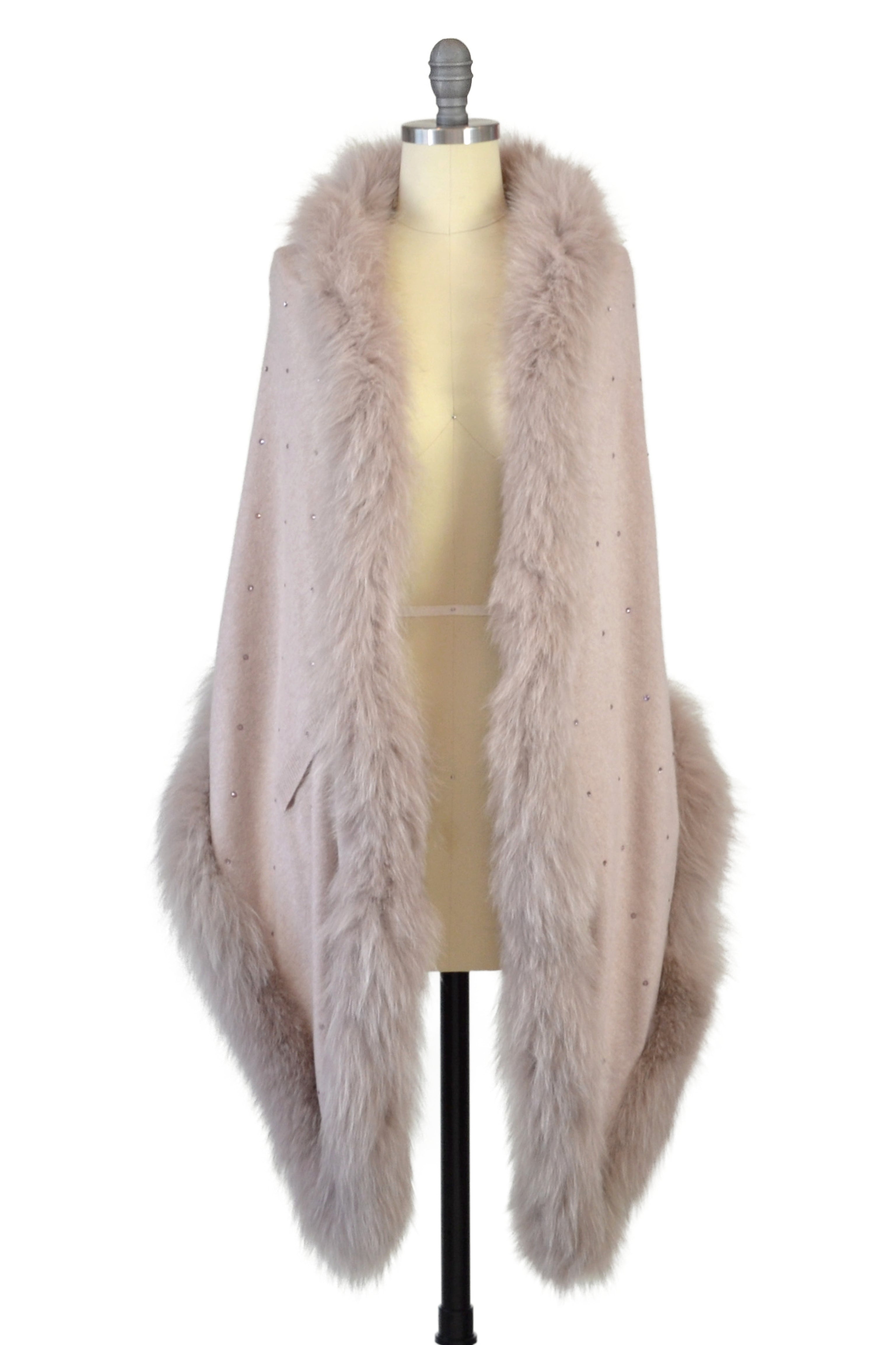 Cashmere Stole with Full Fox Fur & Crystals in Blush