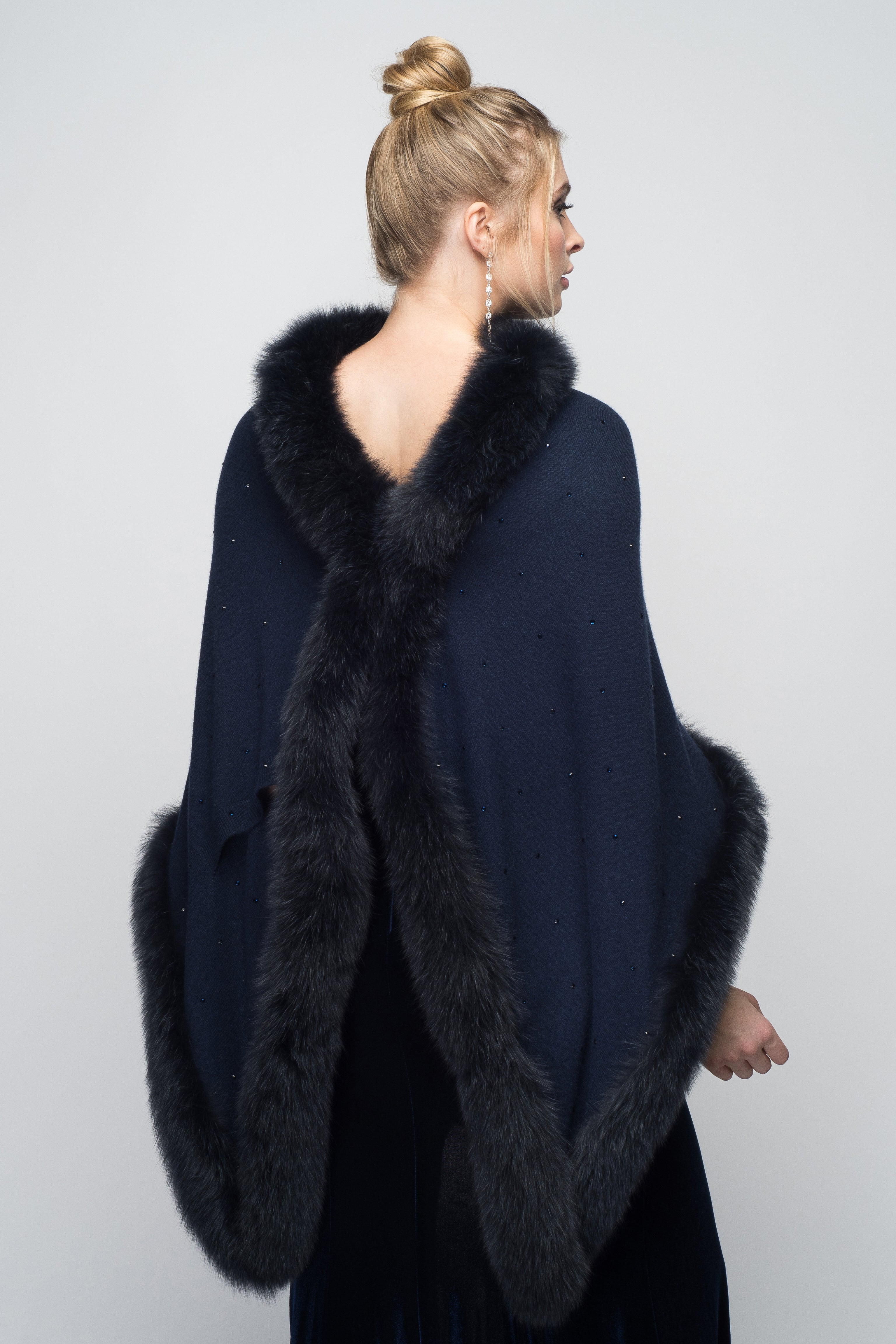 Cashmere Stole with Full Fox Fur & Crystals in Midnight Blue