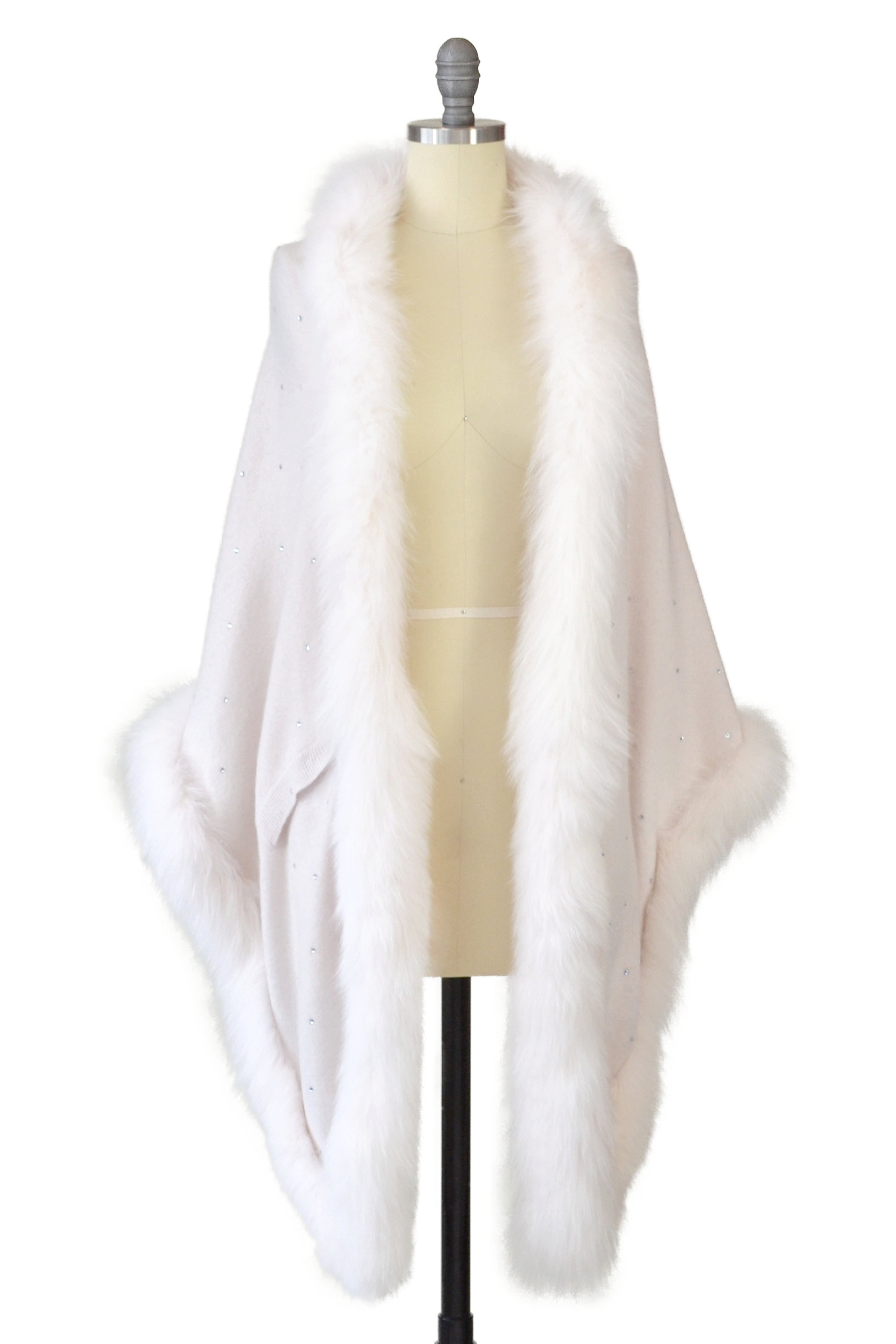 Cashmere Stole with Full Fox Fur & Crystals in Shell