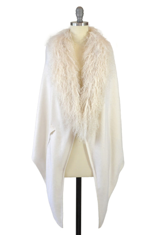Cashmere Stole with Front Tibetan Sheep Fur in Ivory