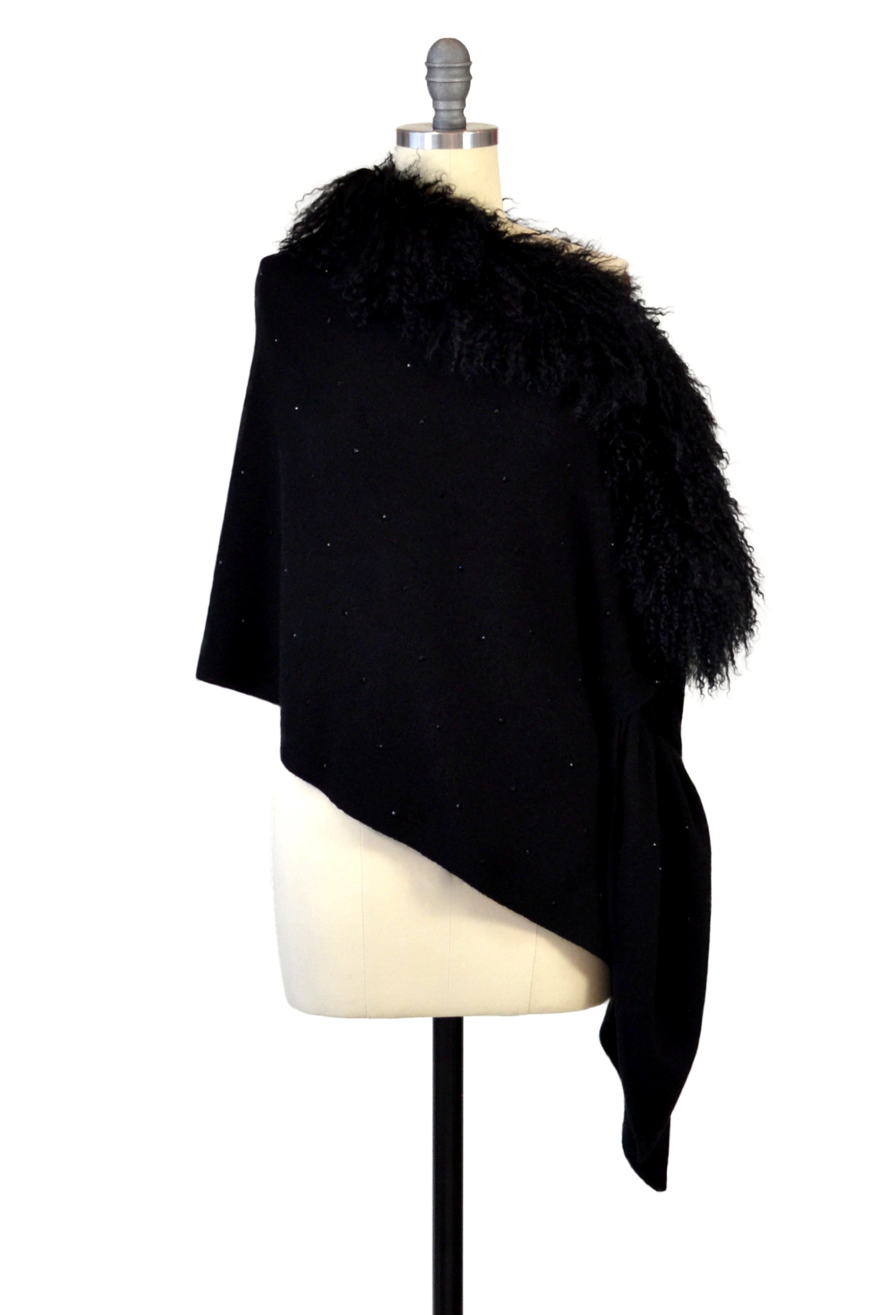 Cashmere Stole with Front Tibetan Sheep Fur & Crystals in Black