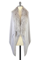 Cashmere Stole with Front Tibetan Sheep Fur & Crystals in Dove Gray