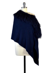 Cashmere Stole with Front Tibetan Sheep Fur & Crystals in Midnight Blue