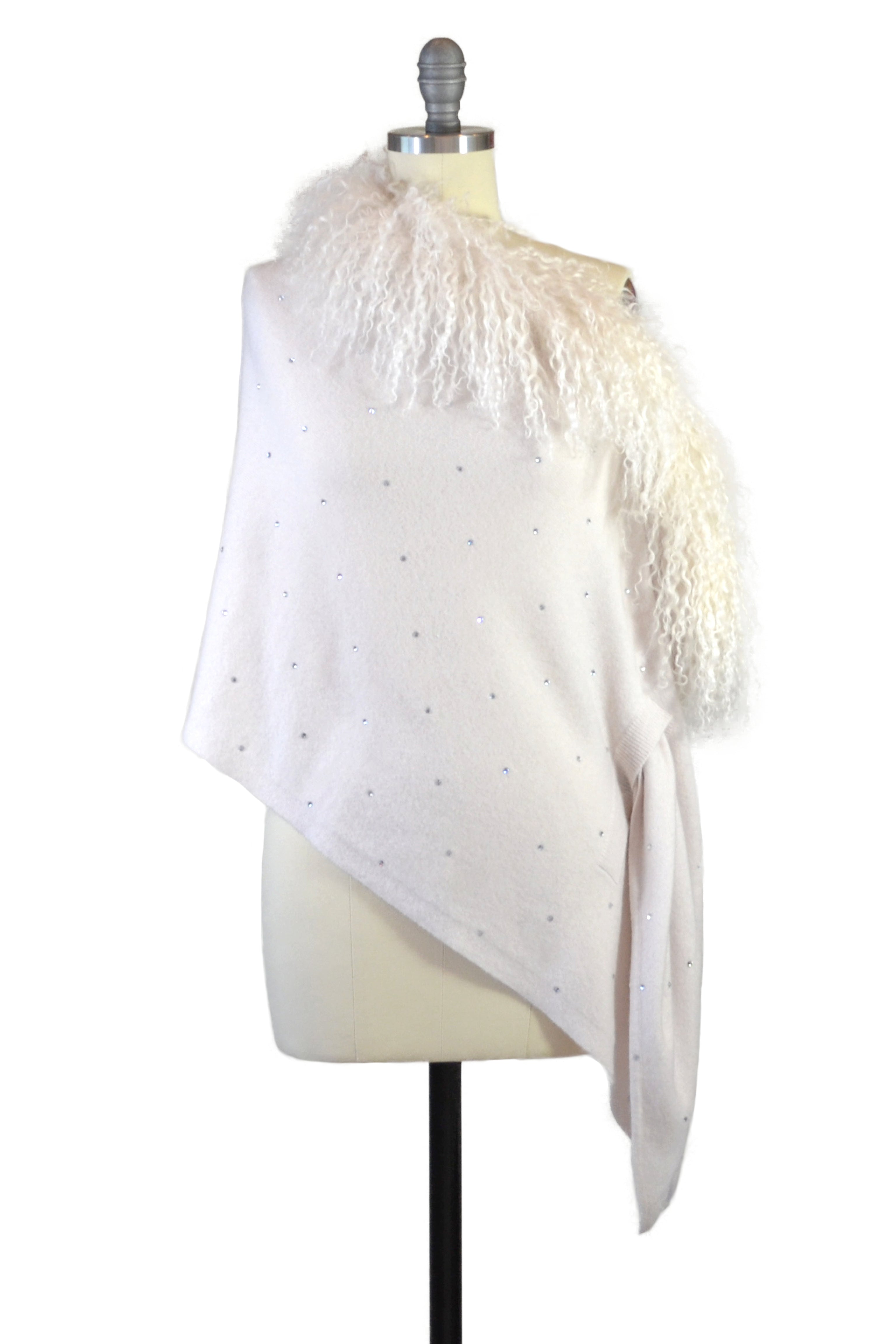 Cashmere Stole with Front Tibetan Sheep Fur & Crystals in Shell