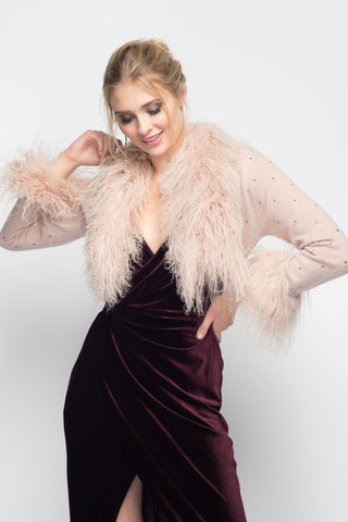 Cashmere Stole with Full Fox Fur & Crystals in Blush