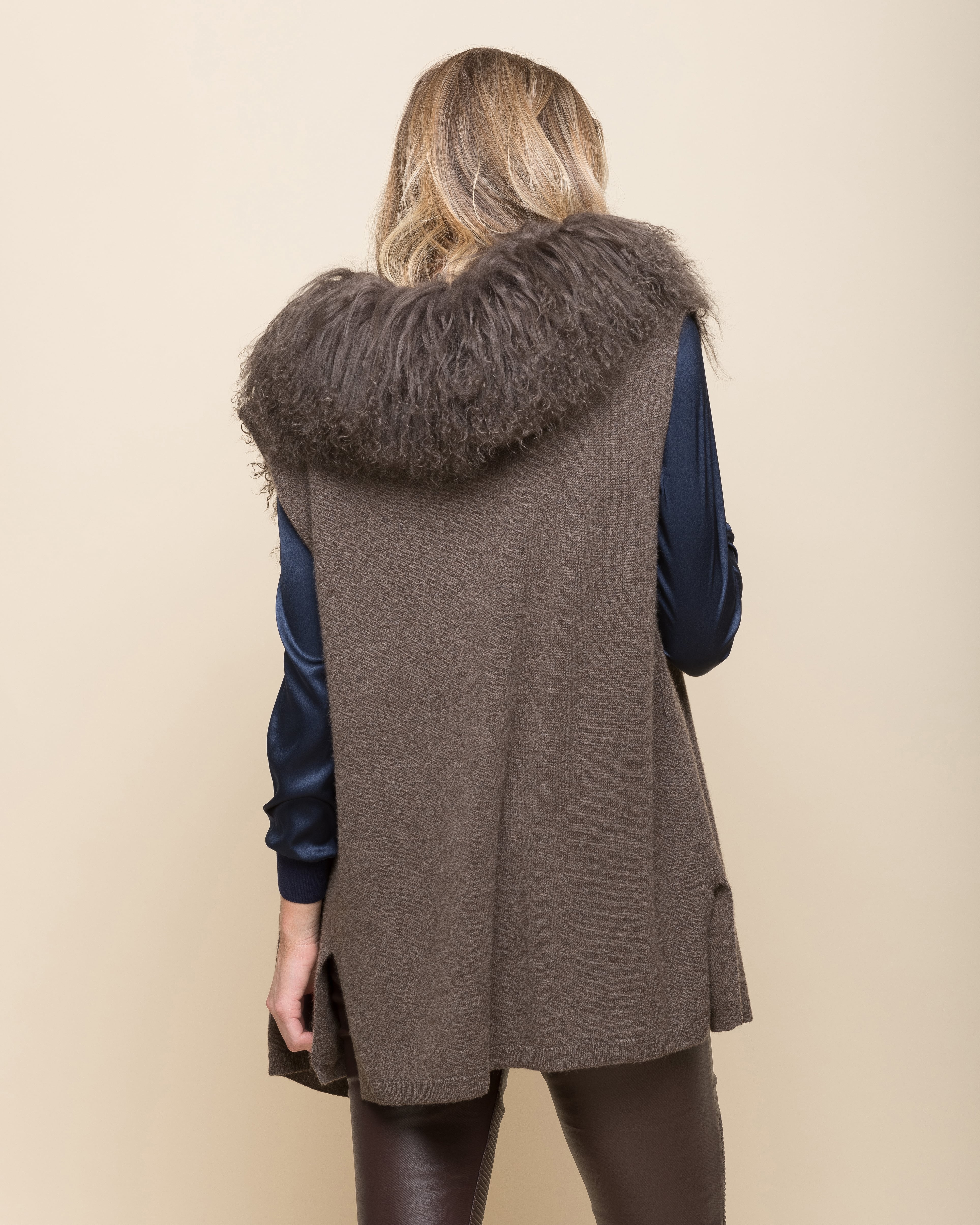 Pure Cashmere Vest in Chocolate Brown with Sheep Fur