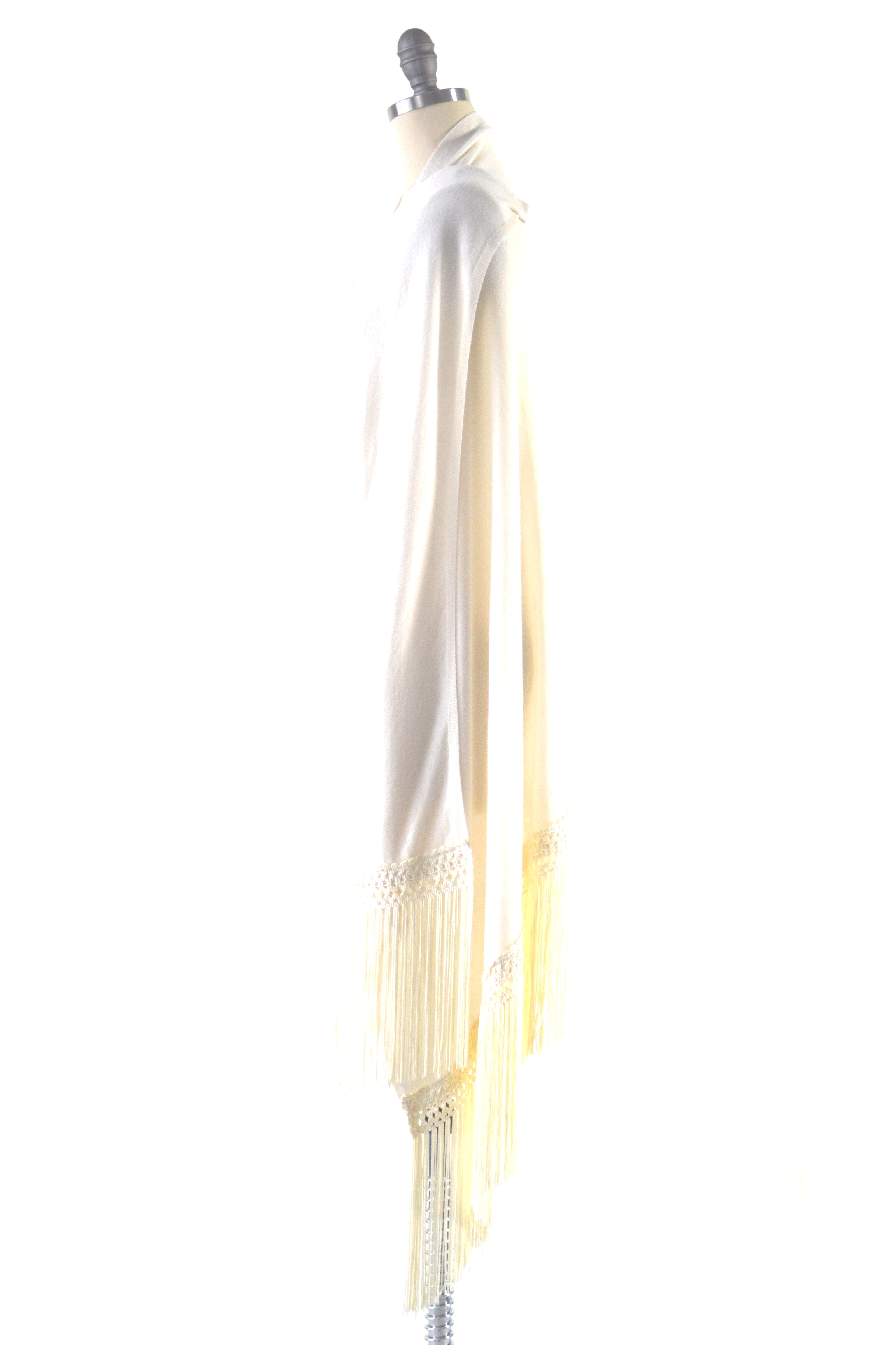 Fine Cashmere Wrap with Silky Macrame Fringe in Ivory