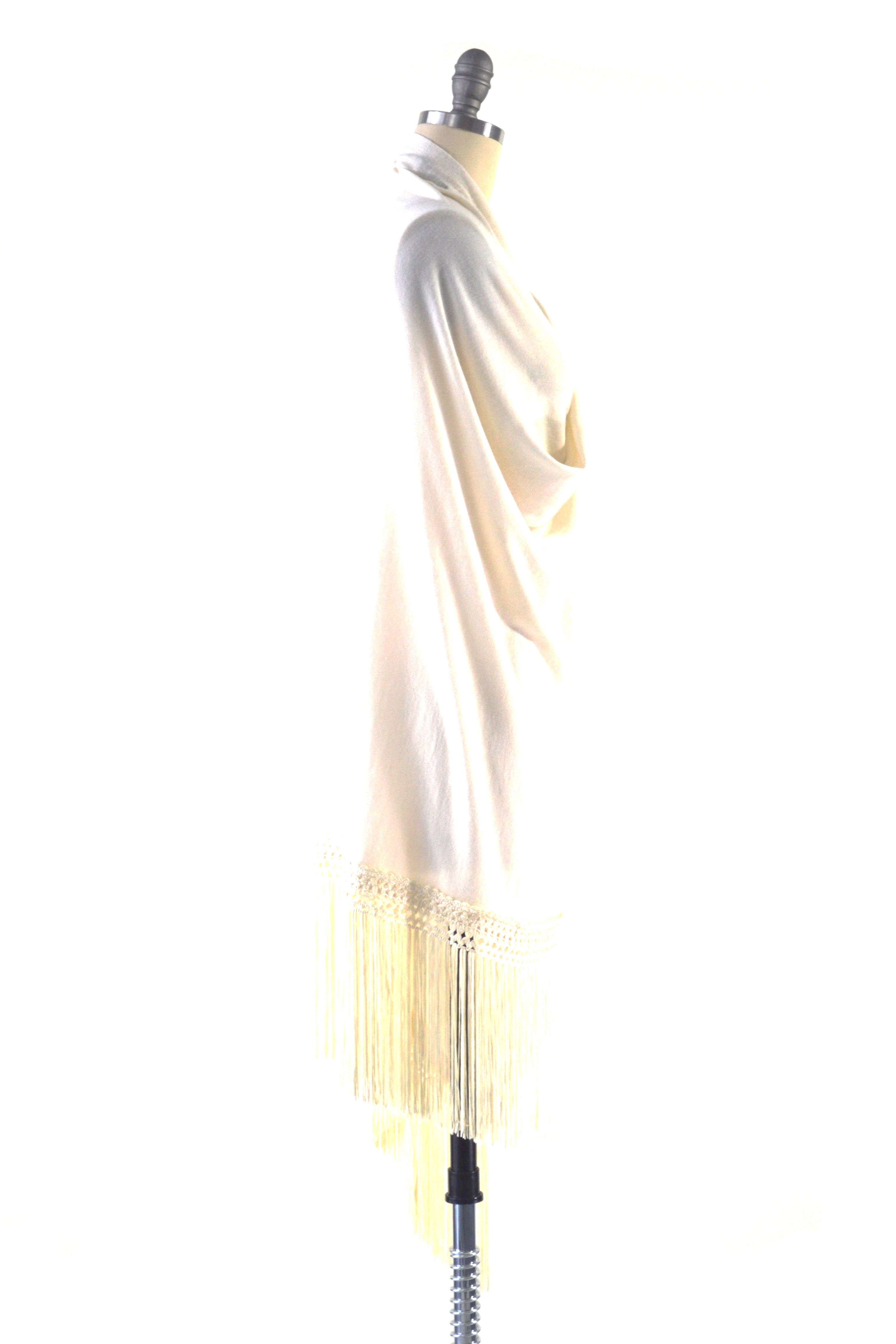 Fine Cashmere Wrap with Silky Macrame Fringe in Ivory