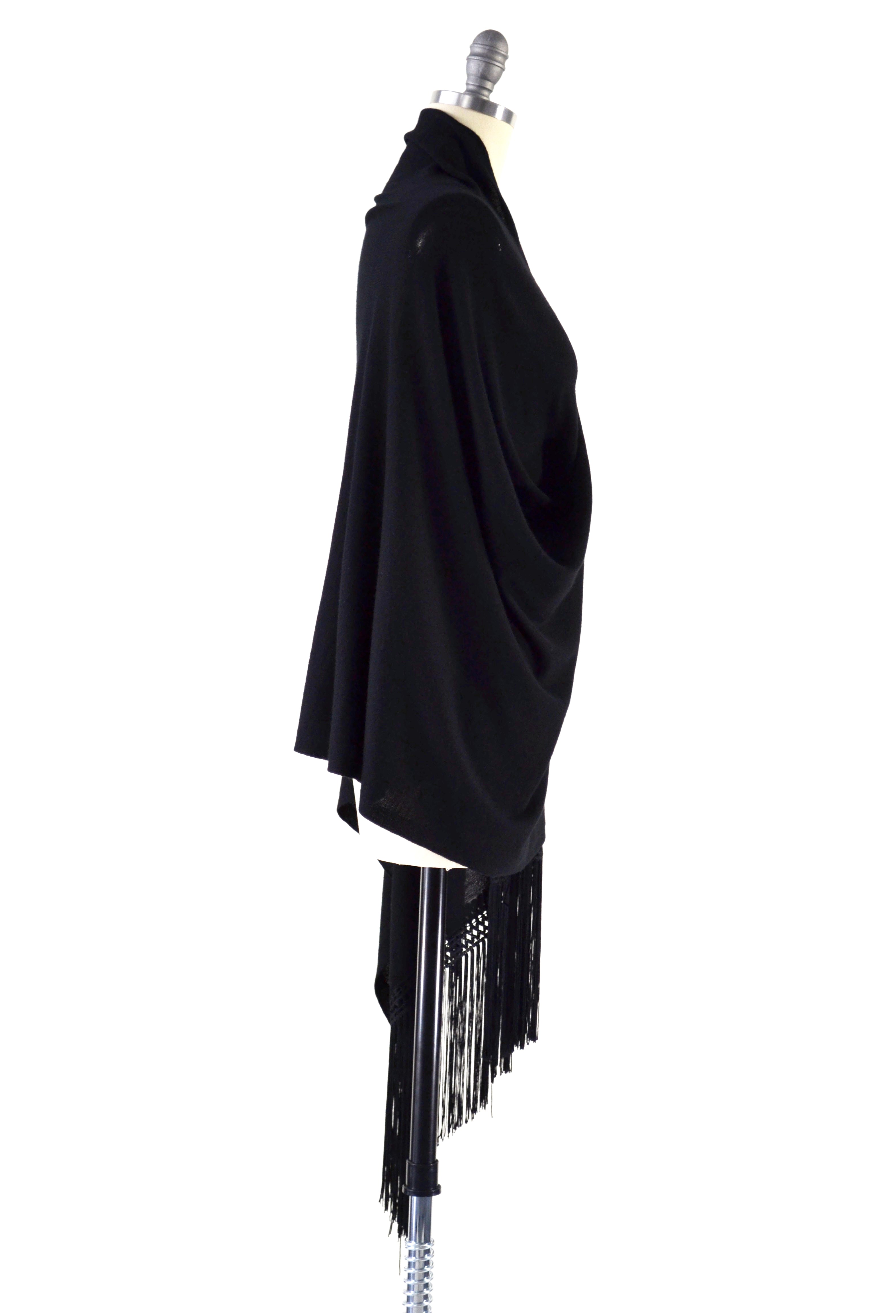 Fine Cashmere Wrap with Double Silky Macrame Fringe in Black
