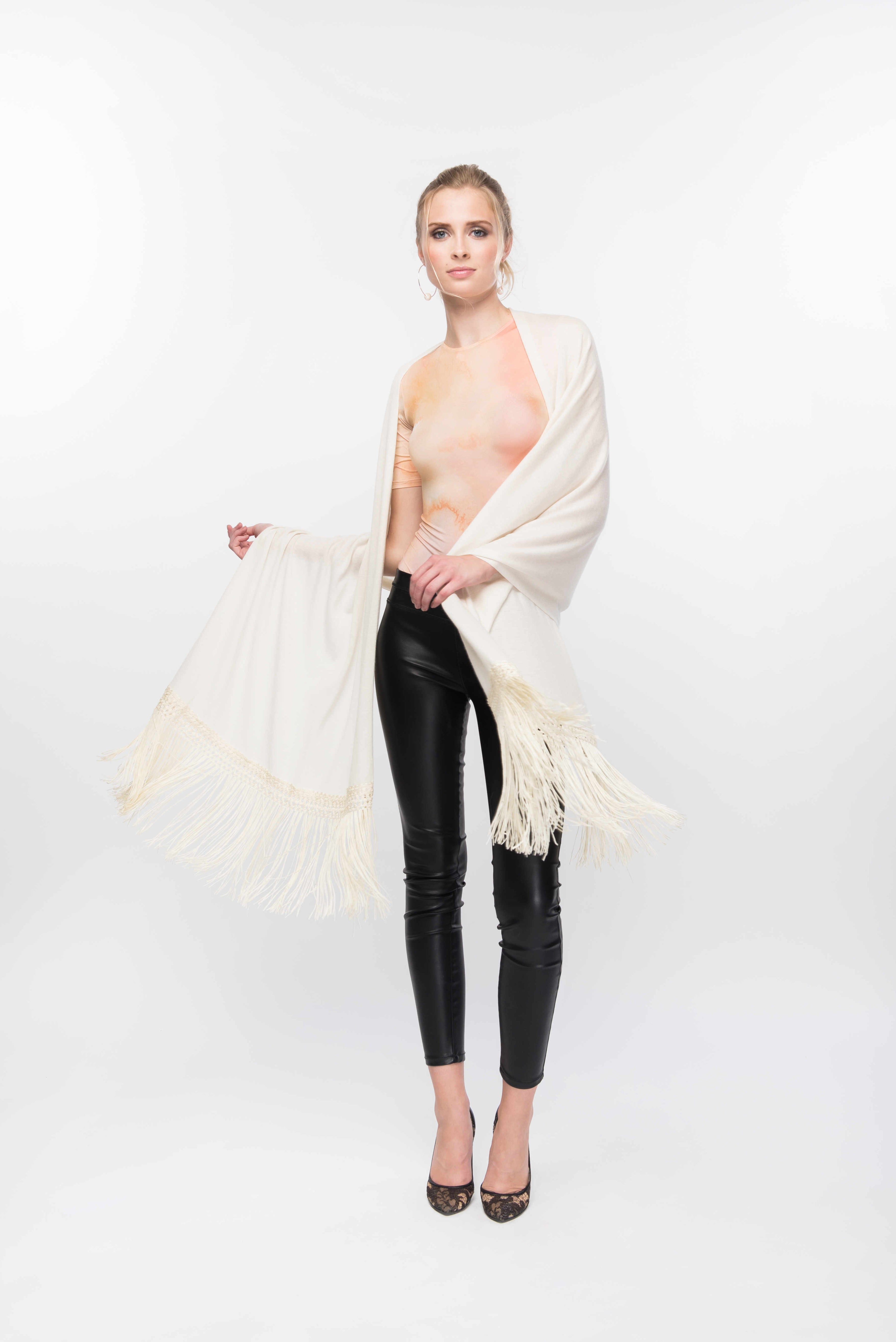 Fine Cashmere Wrap with Double Silky Macrame Fringe in Ivory