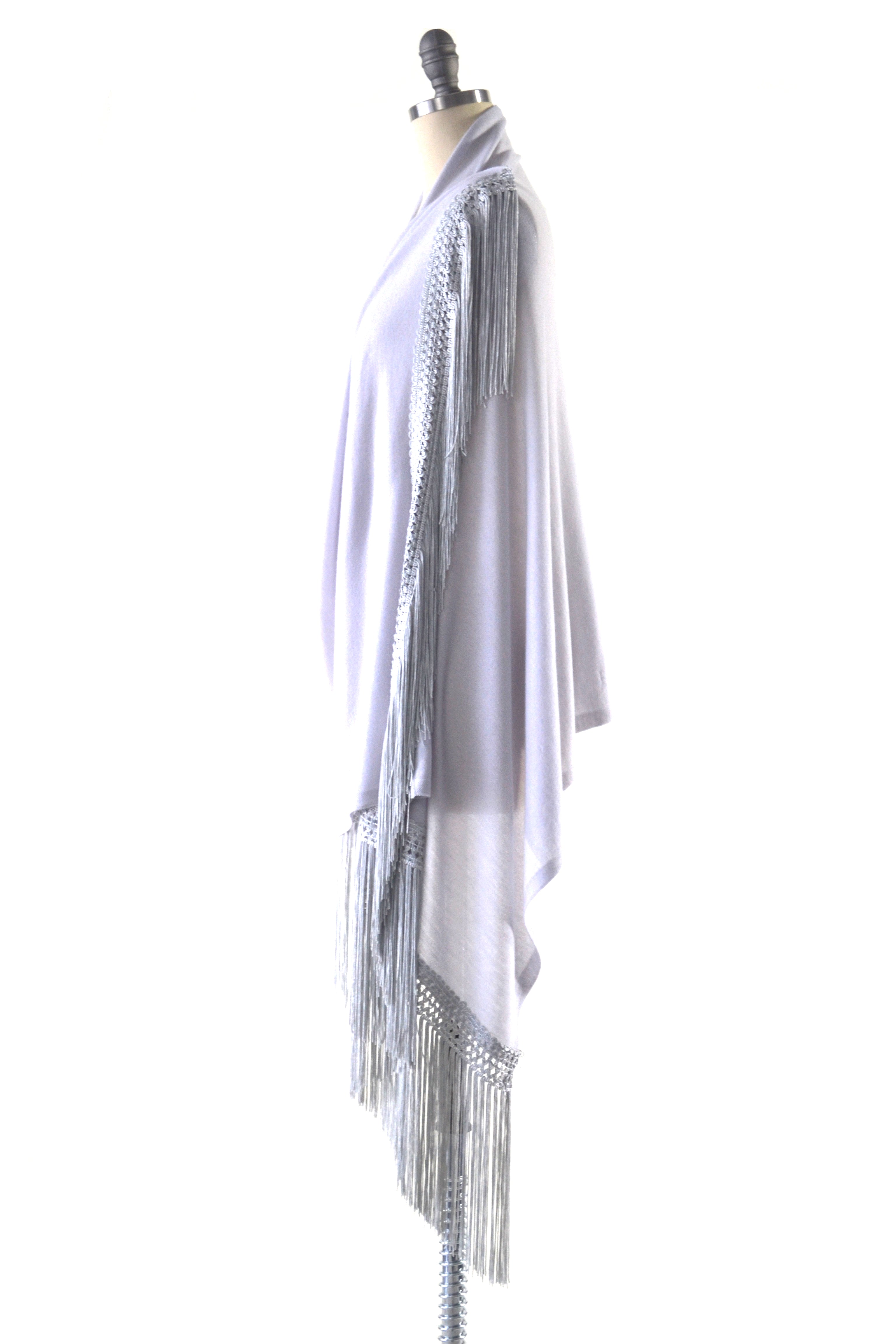 Fine Cashmere Wrap with Double Silky Macrame Fringe in Silver Gray