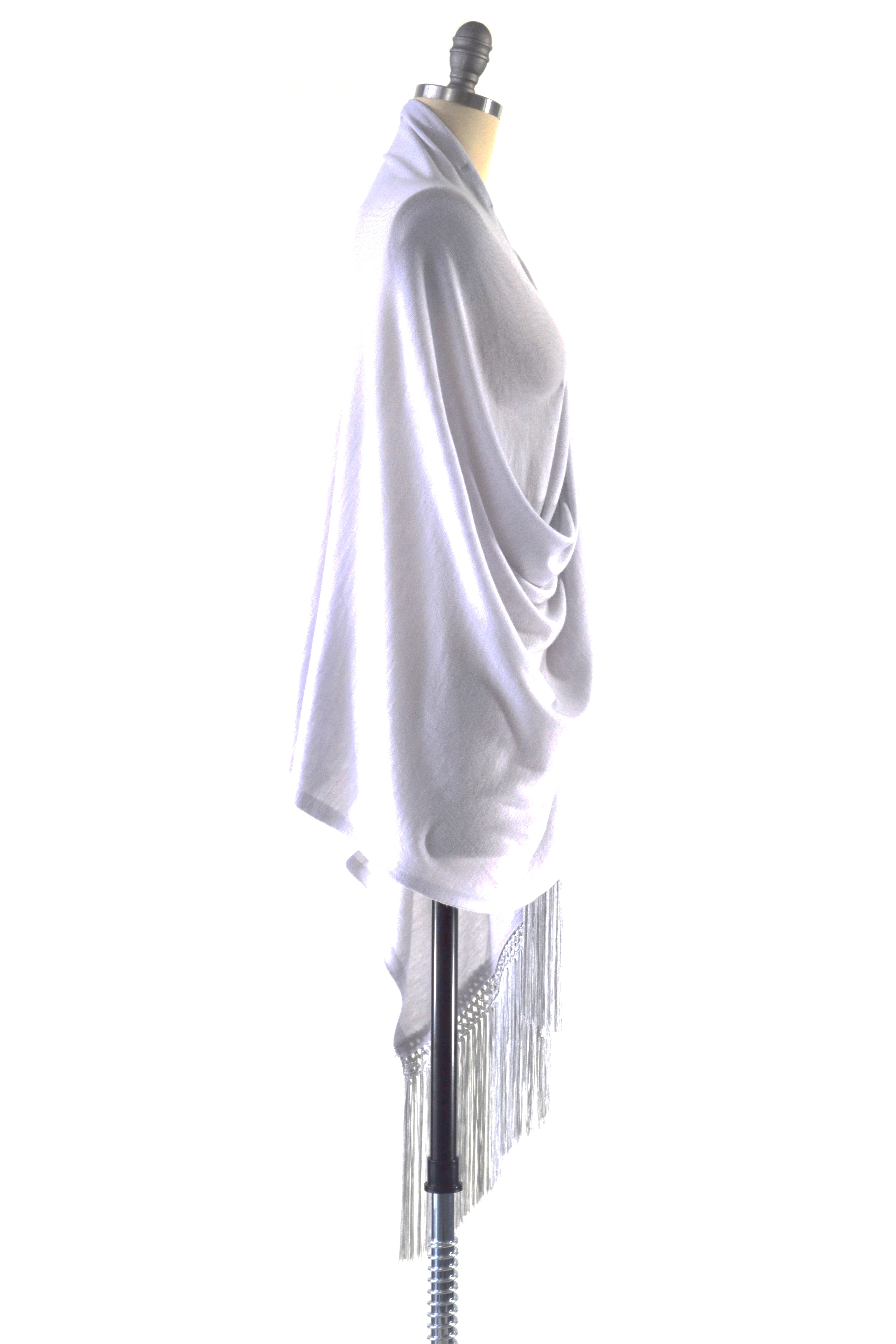 Fine Cashmere Wrap with Double Silky Macrame Fringe in Silver Gray