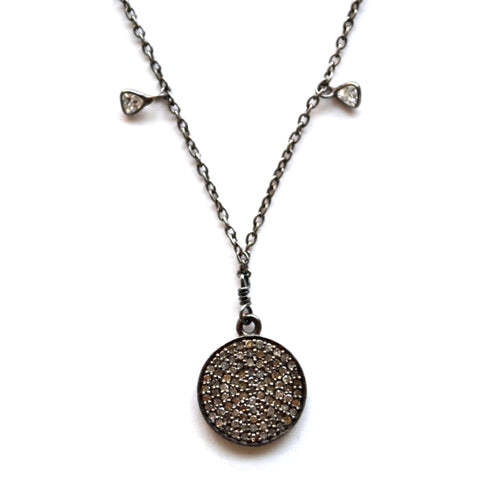 Oxidized Sterling Silver Celestial Diamond Necklace with a Round Disc Charm