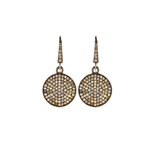 Pave Diamond Circle Drop Earrings in Oxidized Sterling Silver