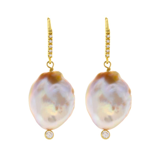 Diamond & White Baroque Pearl Drop Earrings in Gold