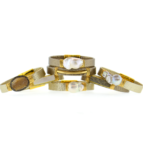 Gold Shimmer Mala Mala Leather Bracelet with a Golden Druzy
