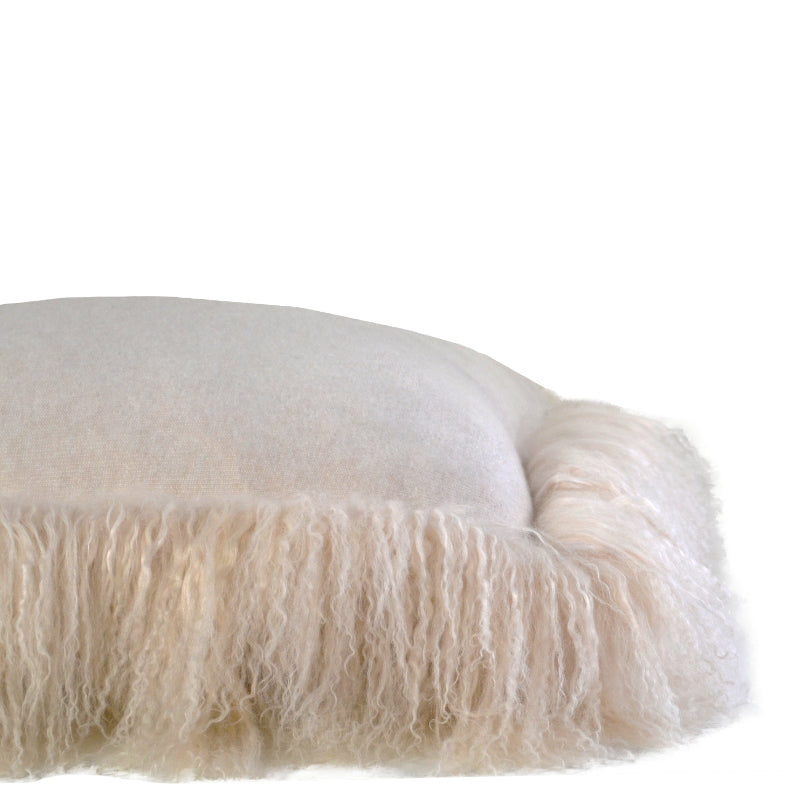 100% Cashmere Decorative Pillow with Tibetan Sheep Fur Trim in Oatmeal