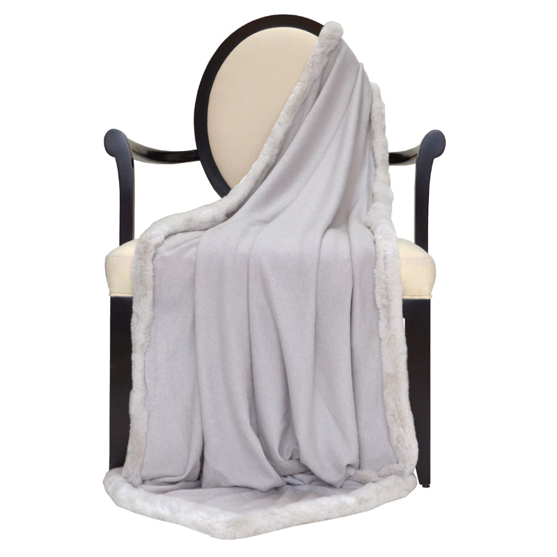100% Cashmere Decorative Throw with Full Rabbit Trim in Cloudy Gray