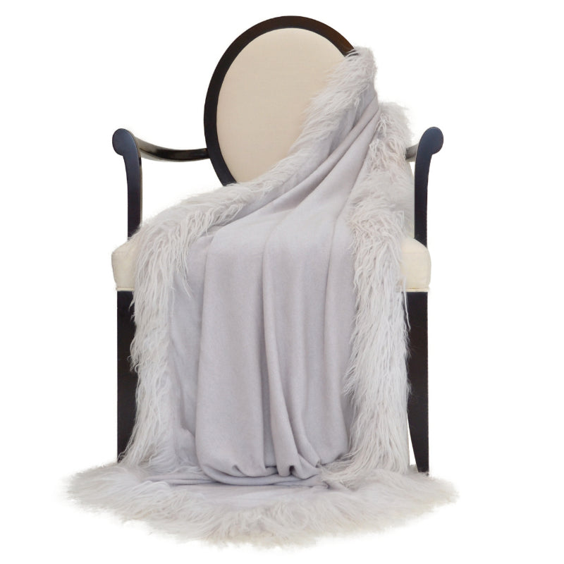 100% Cashmere Decorative Throw with Full Tibetan Sheep Fur in Cloudy Gray