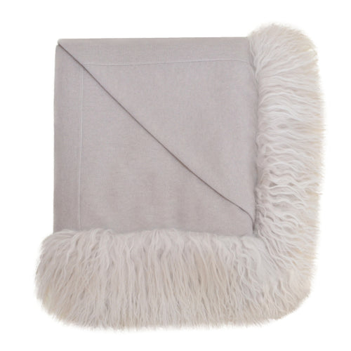 100% Cashmere Decorative Throw with Tibetan Sheep Fur Trim on 1 Side in Cloudy Gray