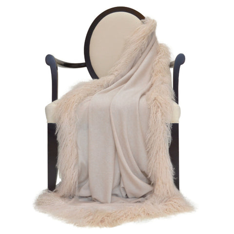 100% Cashmere Decorative Throw with White Rabbit Fur Pom Poms in Cloudy Gray