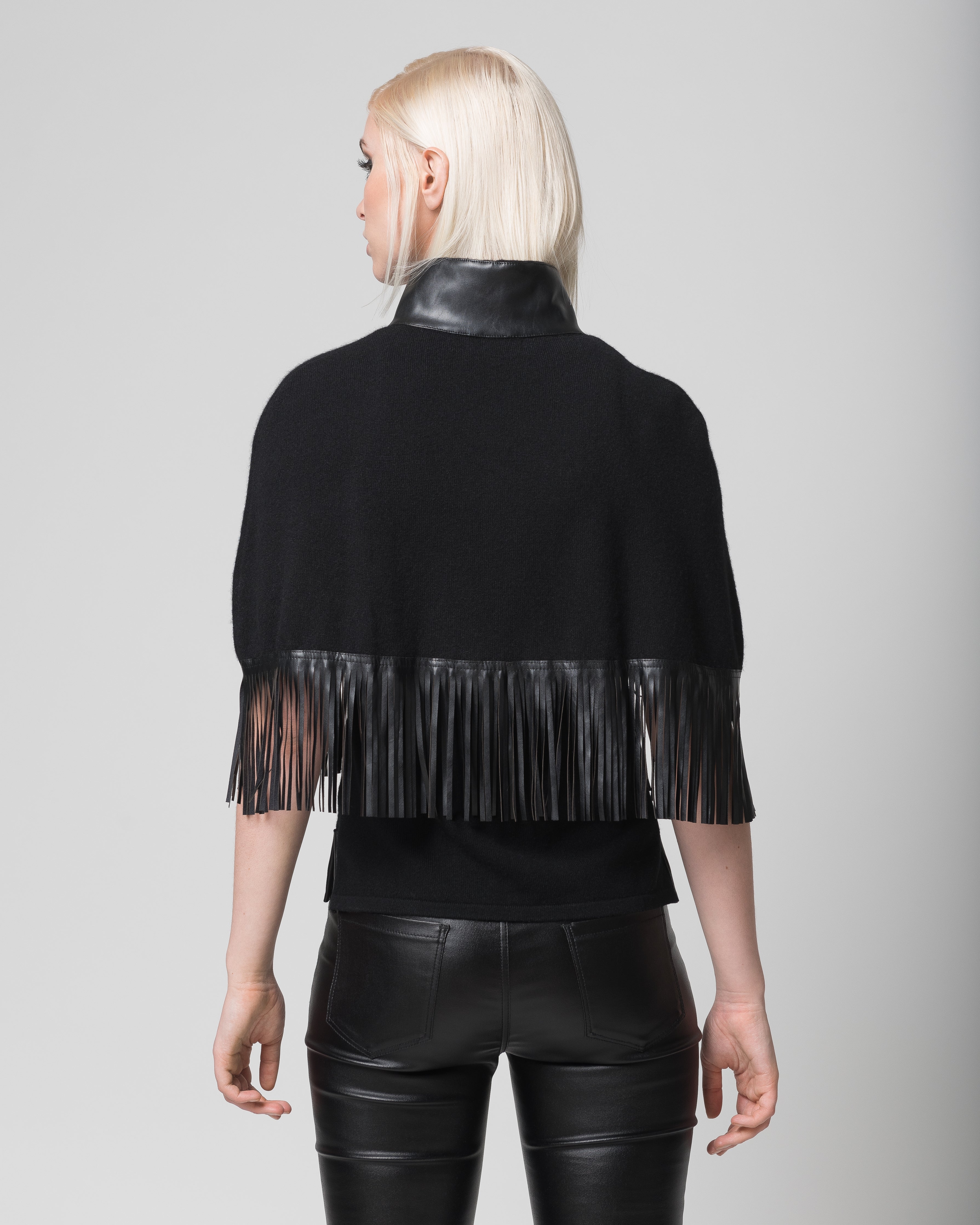 Pure Cashmere Cape with Vegan Leather Fringe and Collar